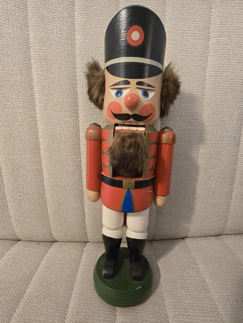 Vtg Original Erzebirge Nutcracker 13" Soldier Red Coat Real Fur East Germany